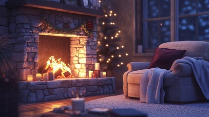 A cozy living room with a stone fireplace, warm lighting, and a festive tree, perfect for relaxation and comfort.