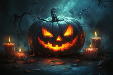 Fototapeta premium A dark Halloween pumpkin with candles lit up in the background, fantasy art style, dark and mysterious mood, glowing eyes, detailed texture of skin