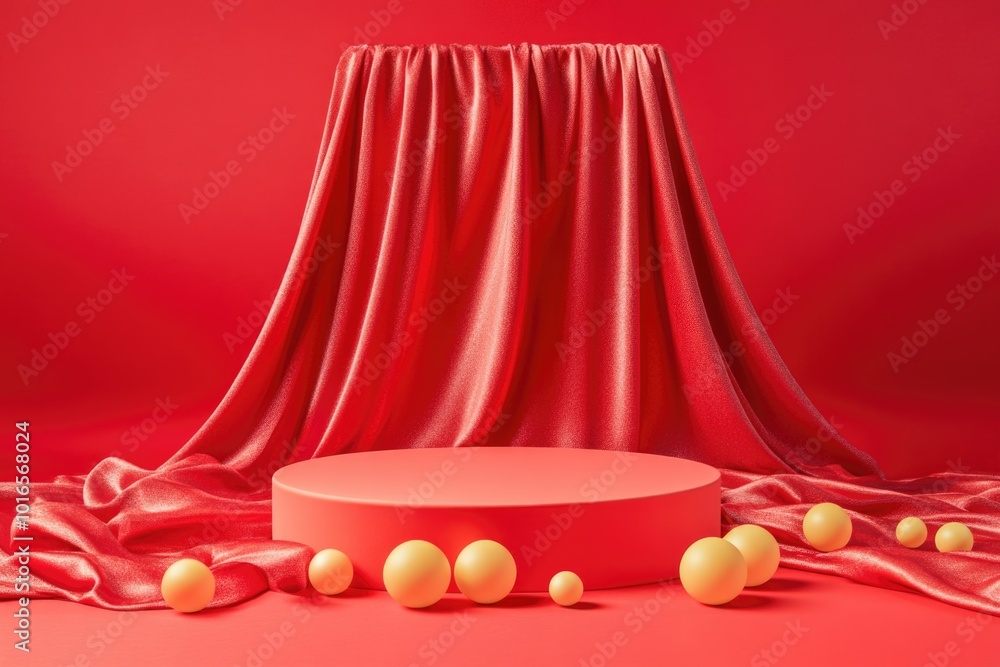 Poster a bright red stage set against a backdrop of apples, topped with a vibrant red curtain.