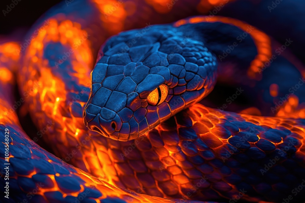 Poster a close-up shot of a snake's head engulfed in flames, perfect for illustrating intense scenes or fie