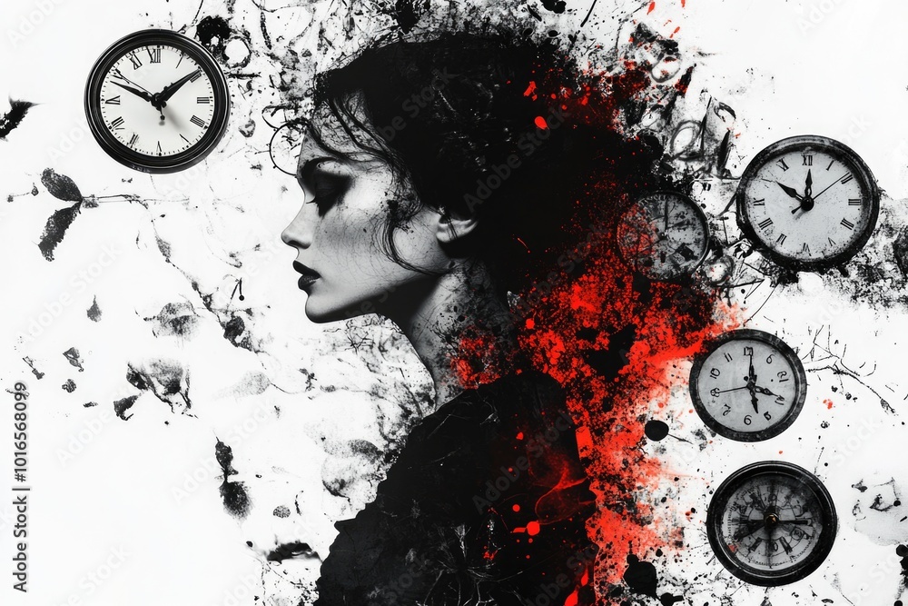 Poster a woman stands in front of multiple clocks, possibly representing time or schedules.