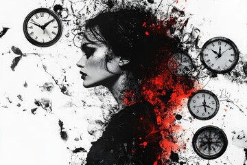 A woman stands in front of multiple clocks, possibly representing time or schedules.