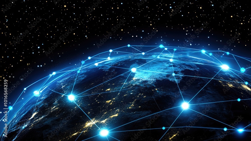 Poster world map showing global technology connections and network links
