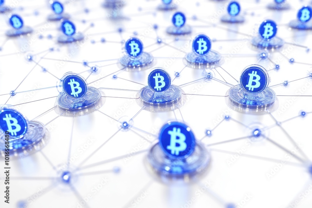Poster A bundle of bitcoins linked together, often used as a symbol of digital currency and financial transactions.
