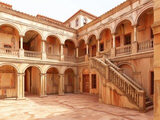 Fototapeta premium Grand Mediterranean Courtyard: Architectural marvel of a sun-drenched courtyard, showcasing intricate details, elegant arches, and a grand staircase in a luxurious Mediterranean-style building.