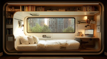 Obraz premium Modern workspace integrated into a cozy bedroom featuring movable walls and modular furniture illuminated by natural light