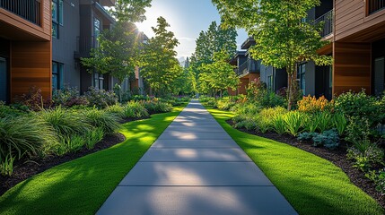 Fototapeta premium sidewalk lined,thriving plants and trees in a sustainable urban setting promoting eco friendly living and pedestrian health through a well designed walkway.stock image
