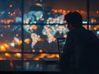 Businessman Analyzing Global Investment Strategies Late at Night in the Office