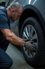 Obraz premium Mechanic inspecting car wheel in auto repair shop.