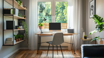 Fototapeta premium A small home office with a compact desk, wall-mounted shelves, and a comfortable chair to maximize space and functionality.
