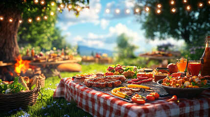 Table with tasty grilled food outdoors. 