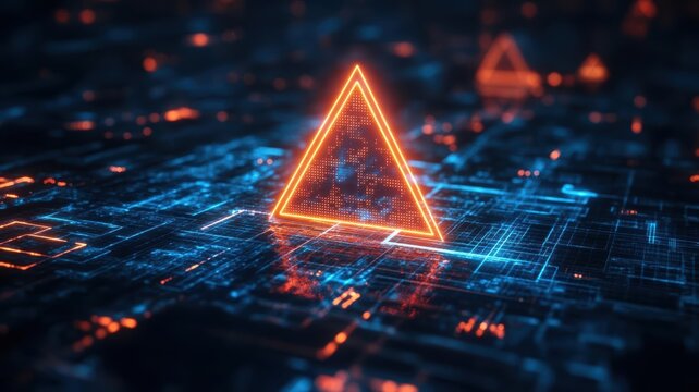 A glowing warning triangle over digital blue code, representing a cybersecurity breach or malware detection, empty space for advertising