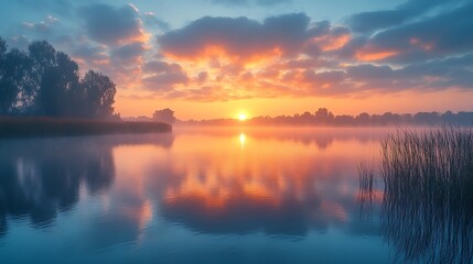 Obraz premium A serene sunrise paints the sky with vibrant hues, casting a golden glow over a tranquil lake shrouded in mist. The reflection of the sun in the water adds to the breathtaking beauty of the scene.