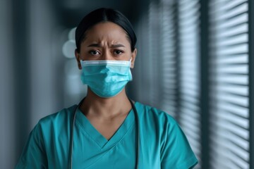 A nurse with a concerned expression stands in a hospital hallway, wearing a teal uniform and a protective face mask. The lighting is dim, highlighting the serious mood.