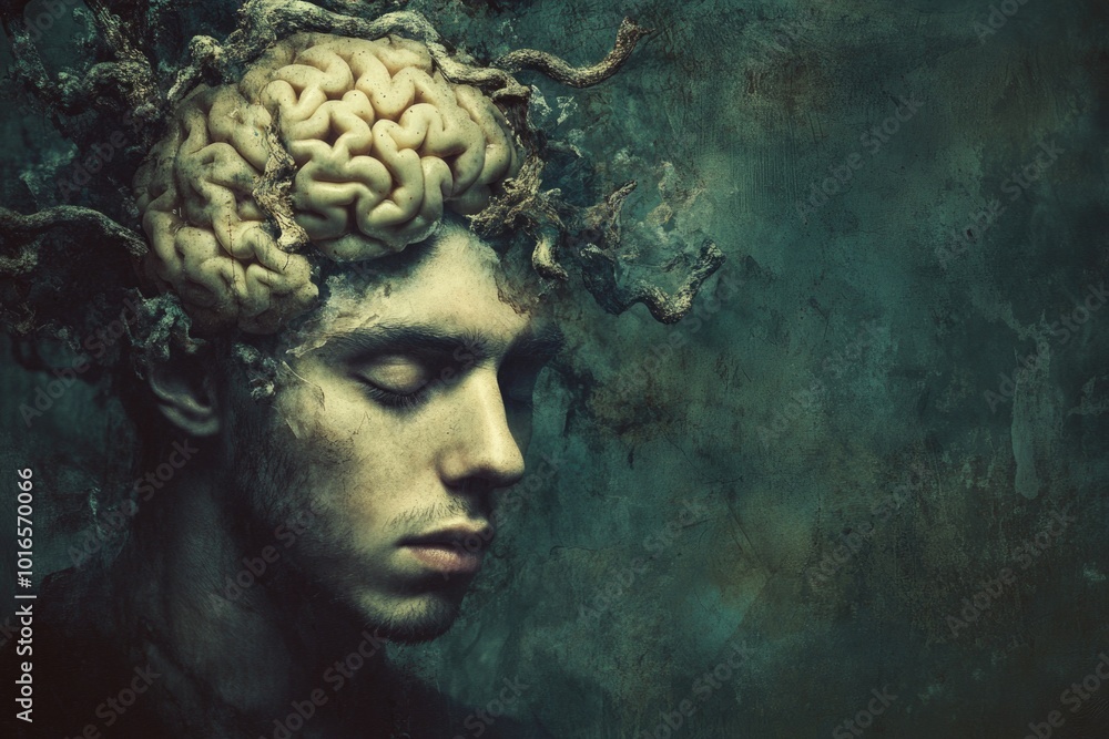 Poster A surreal image of a man wearing a brain on his head, possibly representing an idea or thought process.