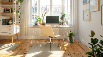 Fototapeta premium A smart home office setup with integrated technology, automated scheduling systems, and ergonomic furniture for optimal work-life balance.
