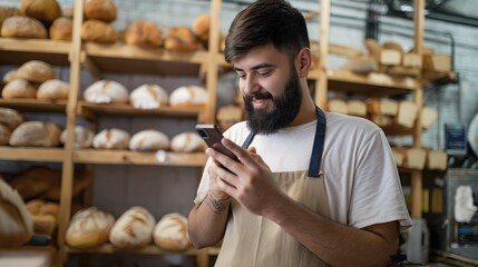 Young hispanic man with beard works in bakery shop. Man in apron holds phone, checks recipe communicates with customer. Bread types on counter include whole wheat, sourdough. Brick wall, window in