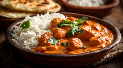 Chicken tikka masala spicy curry meat food in a clay plate with rice and naan bread on wooden background. Generative AI