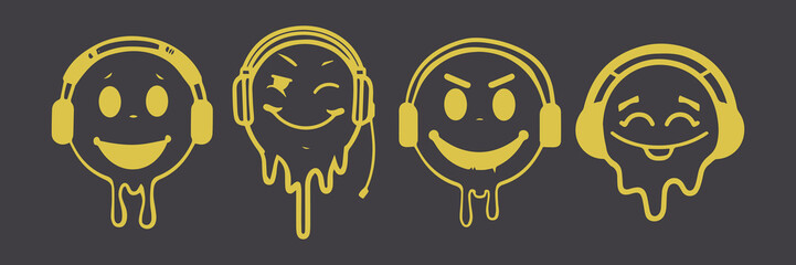 Melting Emoji Faces with Headphones Vector Illustration Set

