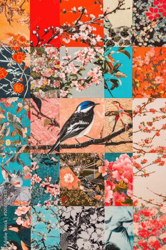 Poster a bird sits comfortably on the branch of a tree, surrounded by leaves and branches.