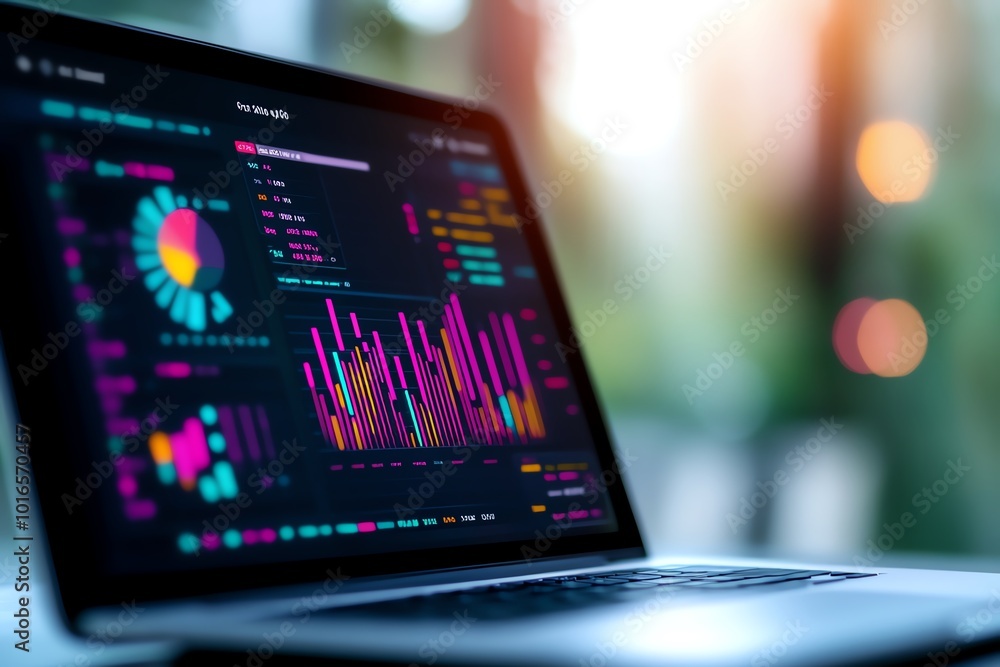 Fototapete close-up of a laptop displaying colorful data visualizations and graphs, symbolizing modern analytic