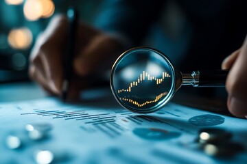 Close-up of a magnifying glass revealing a financial chart, symbolizing analysis and investment strategies on a report.