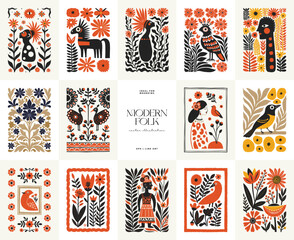 Abstract folk nordic art posters template. Modern trendy minimal style. Hand drawn design for wallpaper, wall decor, print, postcard, cover, template, banner. © KozyPlace