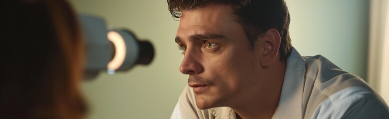 Obraz premium Man in white shirt black pants focuses on computer monitor, eyes distant, concentrated on something outside frame. Seated at desk, immediate surroundings sharp, background blurred.