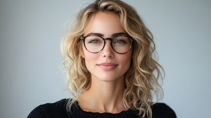 Obraz premium Young adult stylish confident attractive smiling blonde European business woman, beautiful lady pretty model with curly blond hair wearing glasses looking at camera, close up face portrait