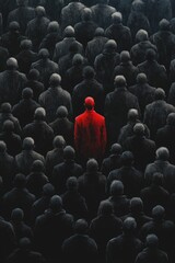 Obraz premium A person wearing a red coat is among a flock of sheep, possibly at a farm or rural setting.