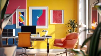 Colorful and creative workspace with bold geometric wall art and vibrant furniture in a modern home office
