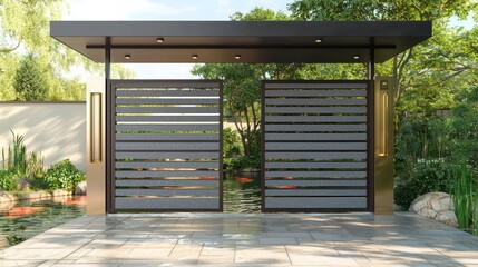 Modern gate with horizontal slate wooden slats, flat roof, brass elements, set against a backdrop of a serene koi pond garden Realistic rendering