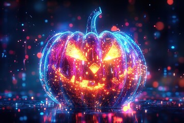 A Halloween pumpkin made of glowing neon lights, isolated on a dark background, with a glowing light effect and colorful, shiny reflections