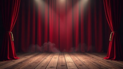 Empty stage with red curtains and spotlight.