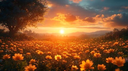 A field of wildflowers bathed in golden sunlight at sunset.