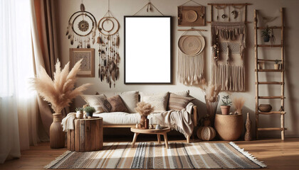 Mockup frame in nomadic boho interior background with rustic decor, render, mockup, frame, nomadic, boho, interior, rustic decor
