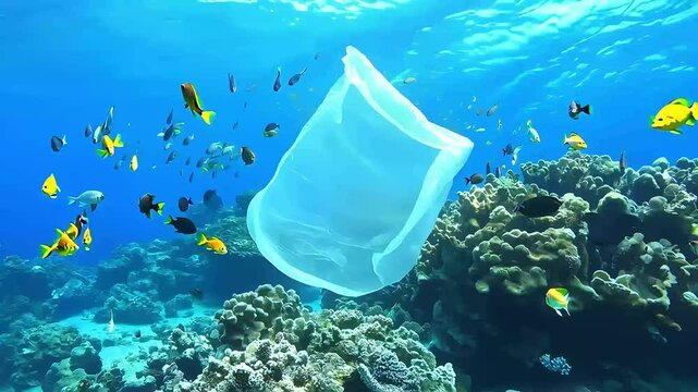 Witnessplastic bag drifting dangerously close to vibrant coral reef illustrating impact pollution floats amidstschool tropical fish stunning 4K clarity ocean plastic underwater animal school