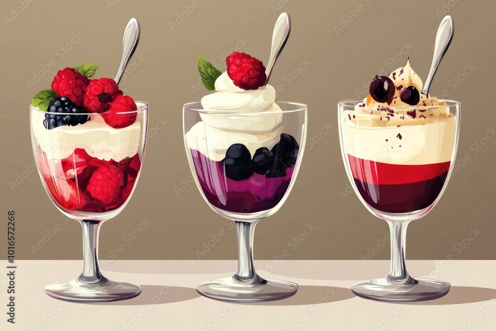 Canvas Prints Three desserts served in wine glasses on a table.