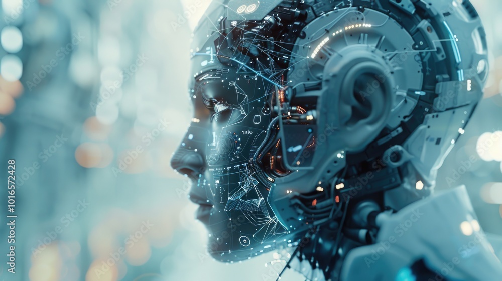 Poster artificial intelligence and futuristic events with a robot figure on a light background. the light b