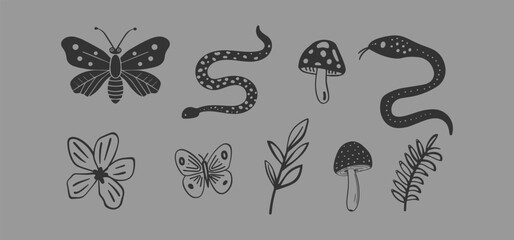 Vintage Nature Elements with Butterflies, Snakes, Mushrooms, and Flowers for Illustrative Designs

