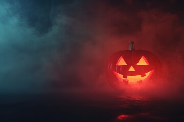 Naklejka premium A Halloween pumpkin glowing in the fog on a dark background with copy space, a Halloween concept banner design. A Halloween pumpkin on a dark blue background with smoke