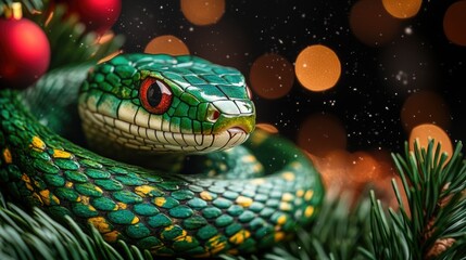 Fototapeta premium festive New Year card with a green tree snake as the centerpiece, set against a dark background with glowing bokeh effects. Perfect for celebrating the season in a playful and unique