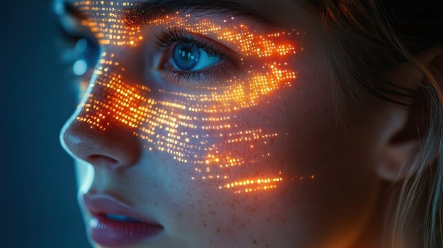 the concept of human computer interaction hci a person,binary code projected onto their face the intimate interplay between humans and digital technology in digitized world.illustration
