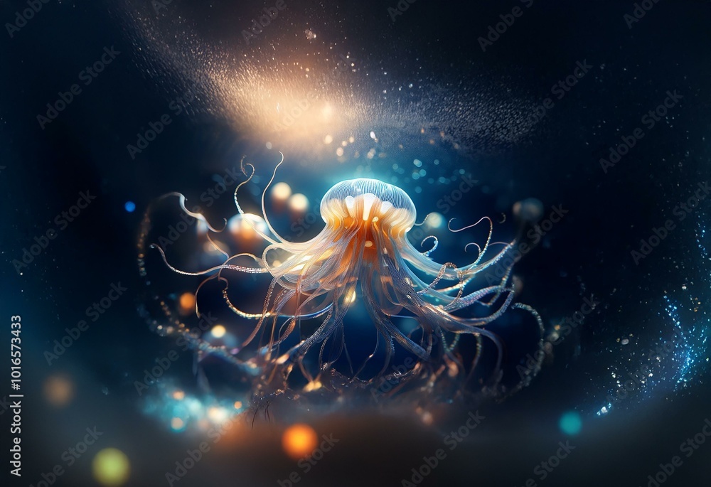 Poster a bioluminescent jellyfish with long, flowing tentacles swims in a deep ocean with sparkling particl
