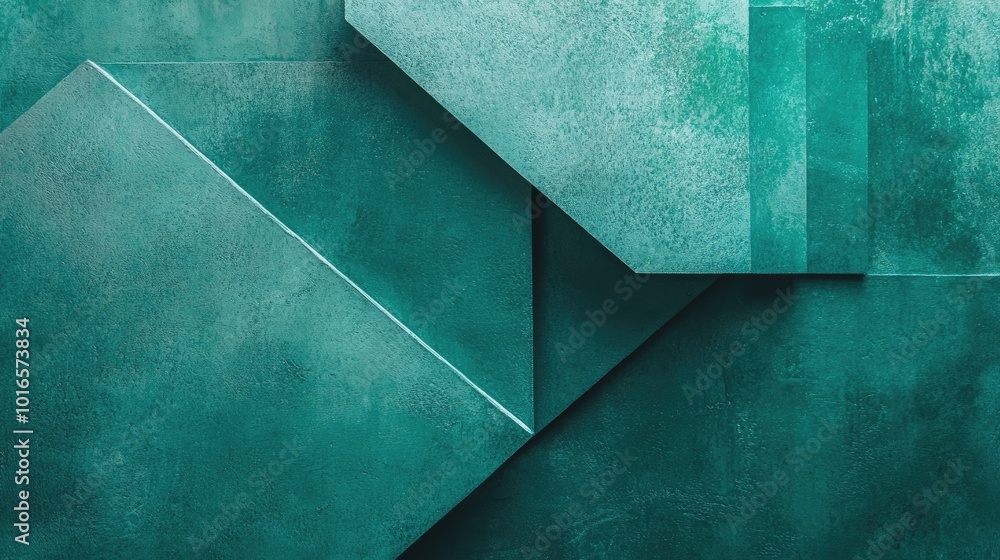 Poster teal background with minimalistic abstract shapes in contrasting shades, creating a fresh and modern