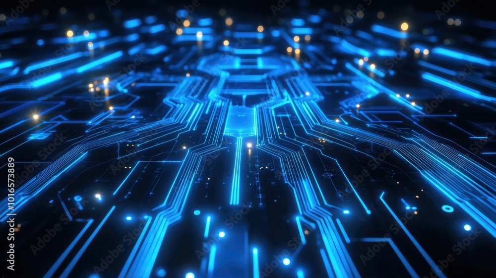 Poster abstract digital circuit board with glowing blue lines and embedded electronic components, symbolizi