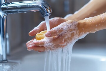 Fototapeta premium Lathered hands under running clean water, focusing on hygiene, health, and cleanliness. A perfect image for health and safety visuals