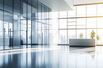 Modern office interior with glass walls, large windows, and minimalistic design. 3D Rendering