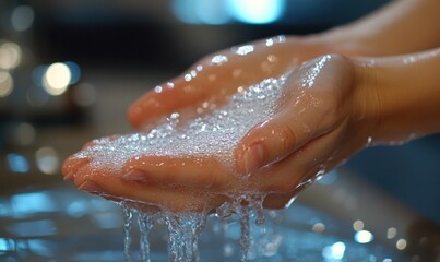 Fototapeta premium A close-up of hands being thoroughly washed with soap and water, symbolizing hygiene, health, and cleanliness. Ideal for healthcare promotions