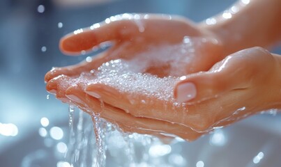 Hands washing with soap under clean water, emphasizing the importance of hygiene, health, and cleanliness. Ideal for health-related or cleanliness visuals